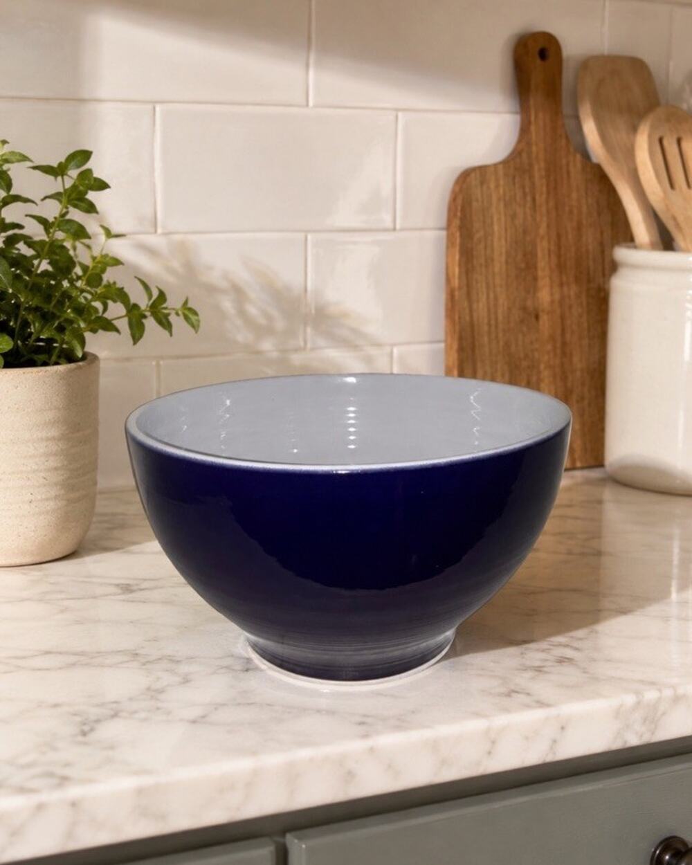 Emile Henry France Cobalt Blue Mixing Bowl 10" Large White Glaze Beautiful